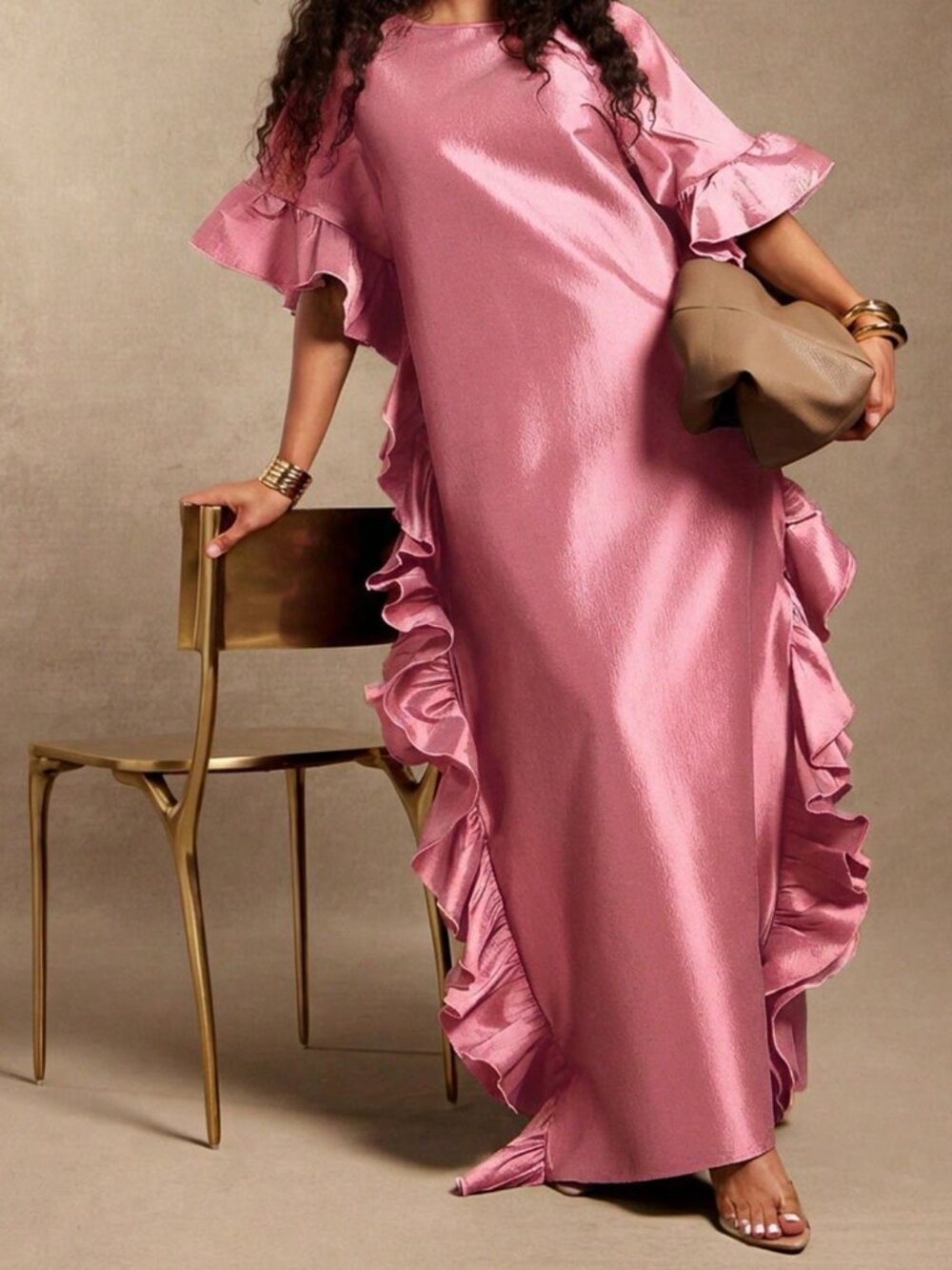 Pink Elegant Women's Knot Ruffle Raglan Smock Maxi Dress
